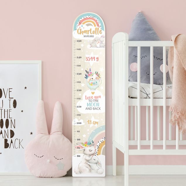 Groeimeter kinderen hout - Rainbow rabbits to the moon with custom name