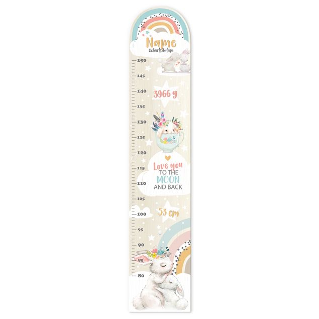 Groeimeter kinderen hout - Rainbow rabbits to the moon with custom name