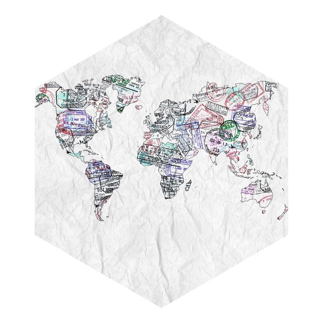 Hexagon Behang Passport Stamp World Map