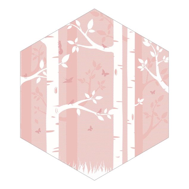 Hexagon Behang Pink Birch Forest With Butterflies And Birds