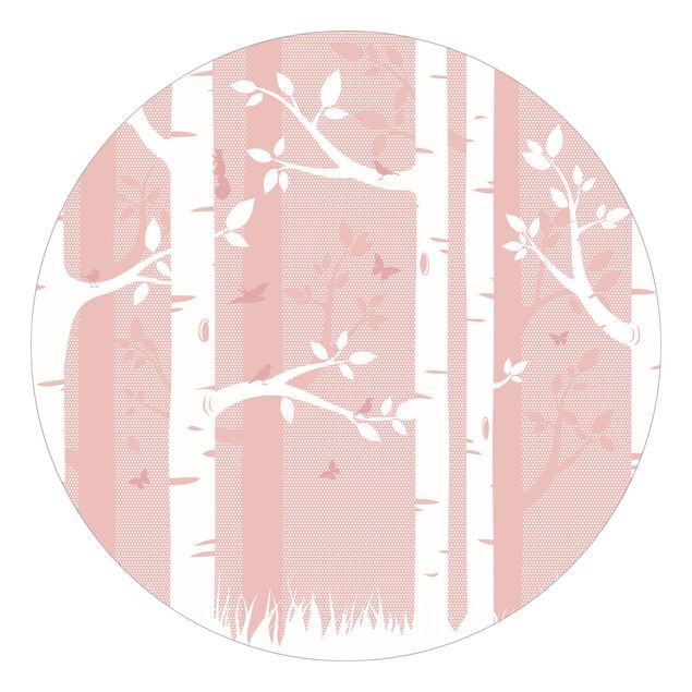Behangcirkel Pink Birch Forest With Butterflies And Birds