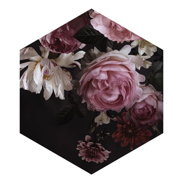 Hexagon Behang Pink Flowers On Black Vintage