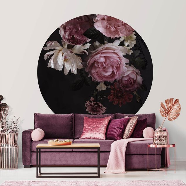 Behangcirkel Pink Flowers On Black Vintage