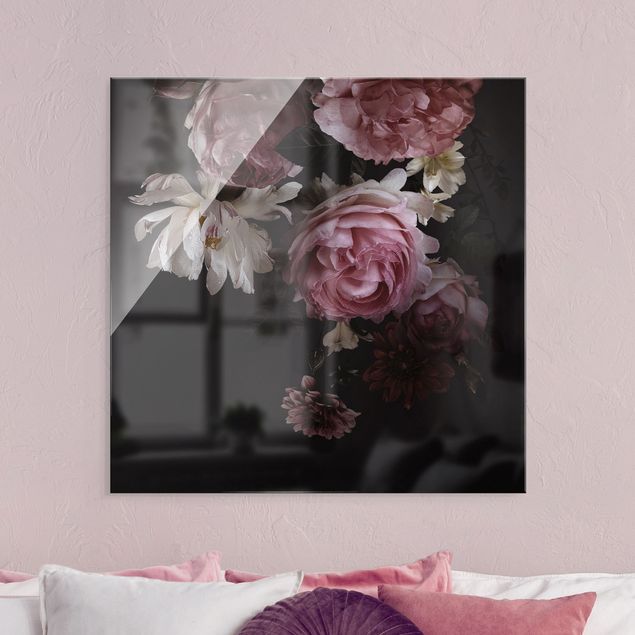 Glasschilderijen Pink Flowers On Black