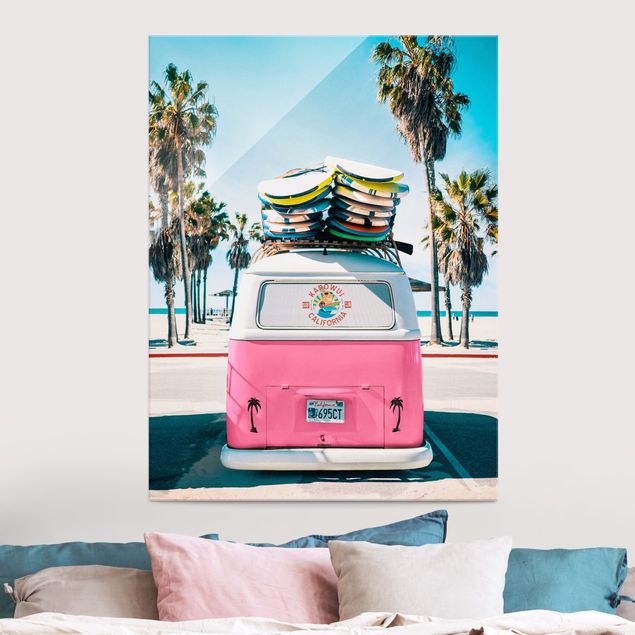 Glas Magnettafel Pink VW Bus With Surfboards