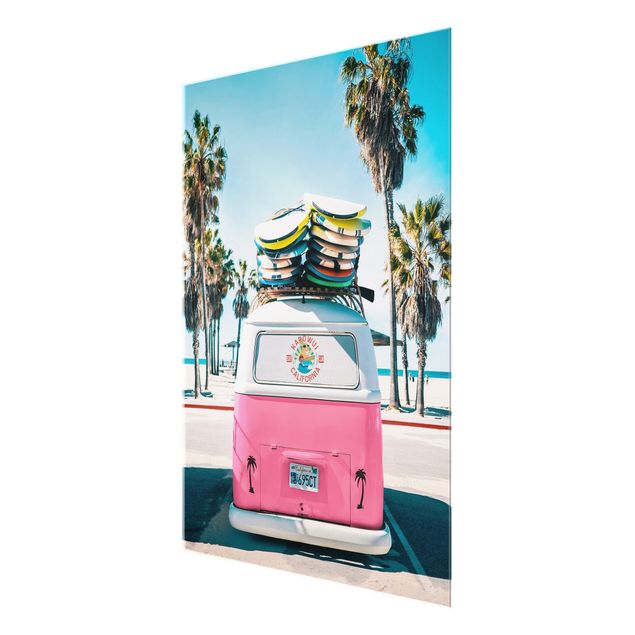 Glasschilderijen - Pink VW Bus With Surfboards