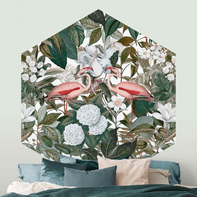 Hexagon Behang Pink Flamingos With Leaves And White Flowers