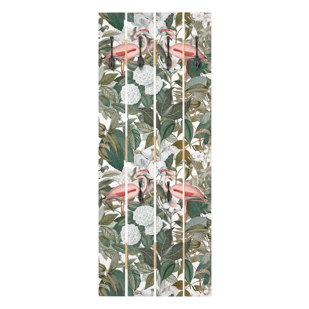 Wandkapstokken houten pallet Pink Flamingos With Leaves And White Flowers