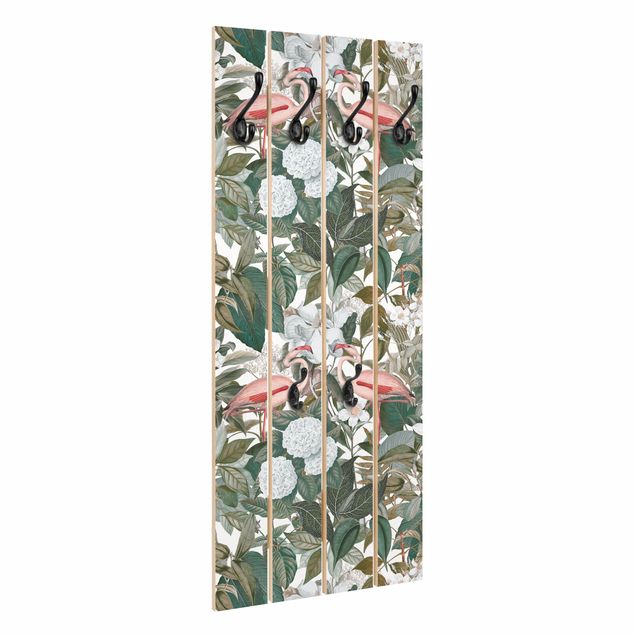 Wandkapstokken houten pallet Pink Flamingos With Leaves And White Flowers