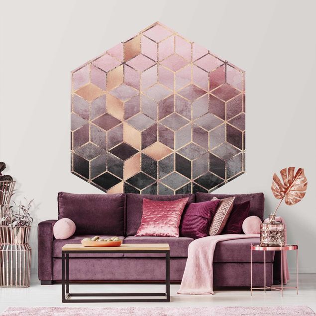 Hexagon Behang Pink Gray Golden Geometry