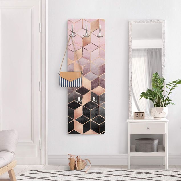 Wandkapstokken houten paneel - Pink Gray Golden Geometry