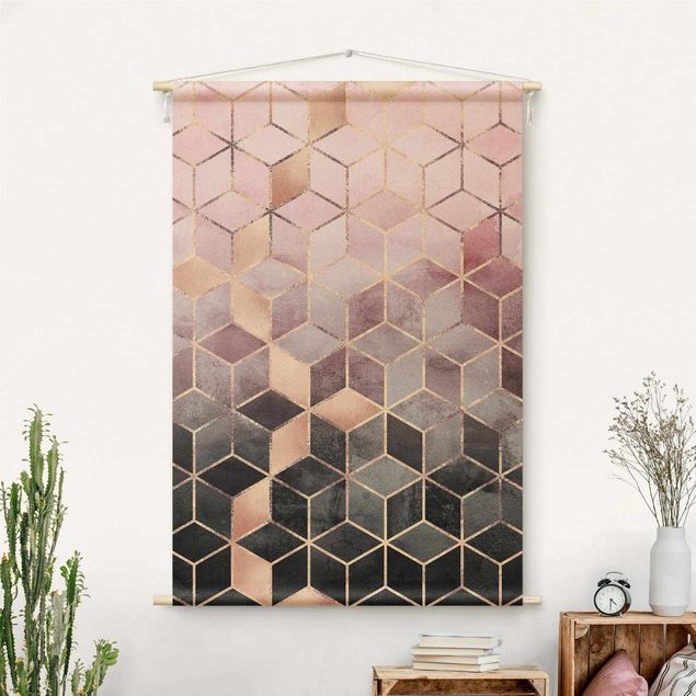 Wandtapijt modern Pink Gray Golden Geometry
