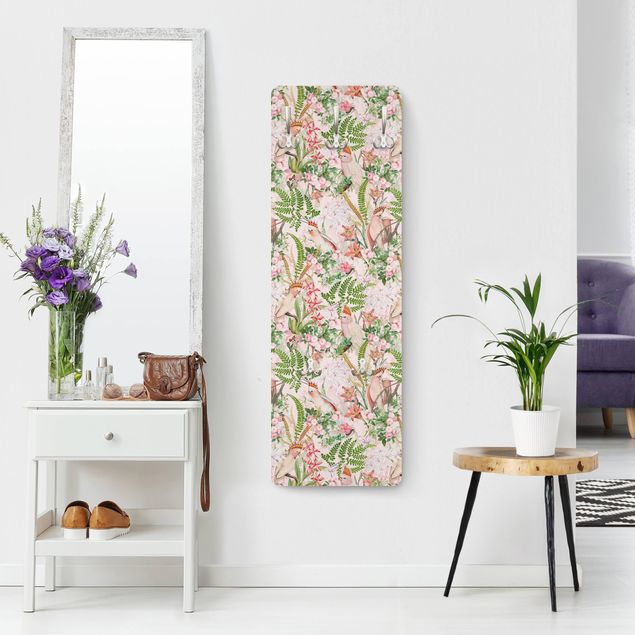 Wandkapstokken houten paneel Pink Cockatoos With Flowers