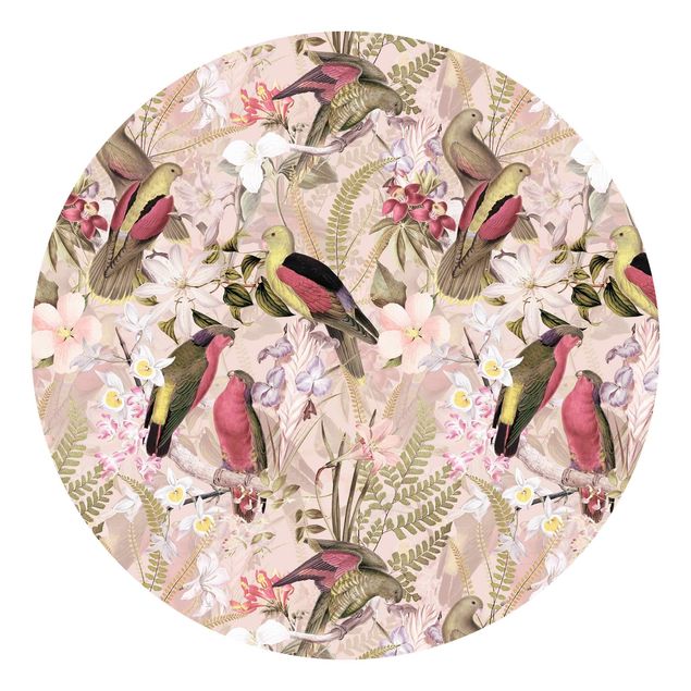 Behangcirkel Pink Pastel Birds With Flowers