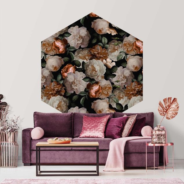 Hexagon Behang Red Roses With White Roses