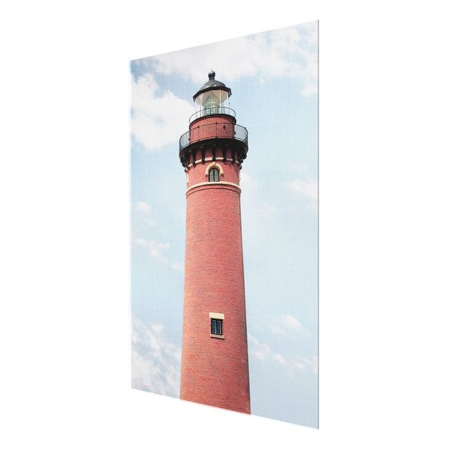 Glasschilderijen - Red Lighthouse On Sky Blue Backdrop