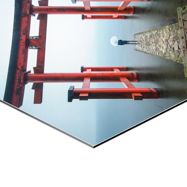 Hexagons Aluminium Dibond schilderijen Red Torii At Lake Ashi