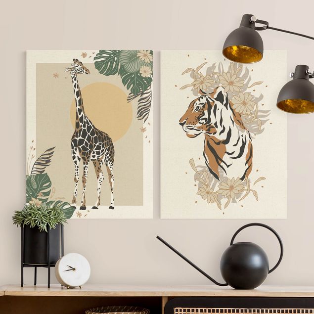 Natuurlijk canvas schilderijen - 2-delig  Safari Animals - Giraffe And Tiger