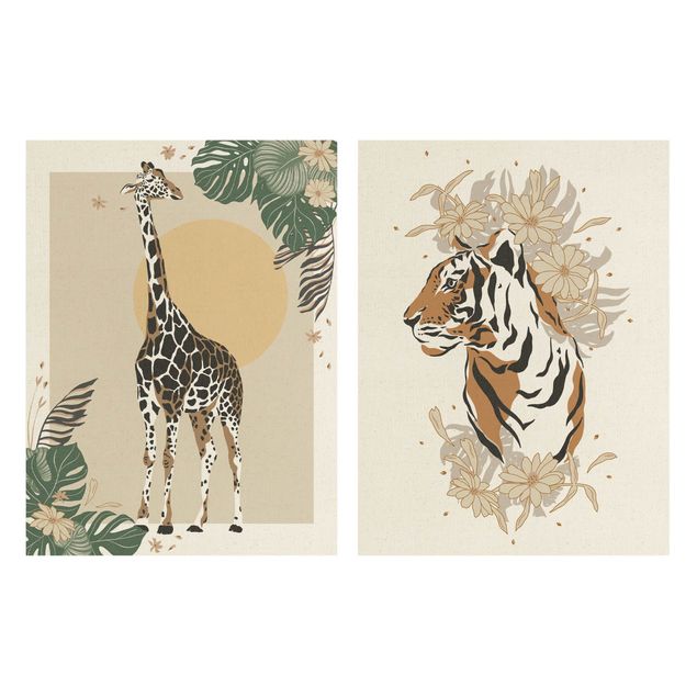 Natuurlijk canvas schilderijen - 2-delig  Safari Animals - Giraffe And Tiger