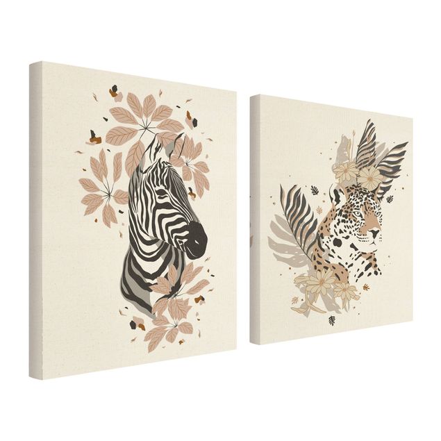 Natuurlijk canvas schilderijen - 2-delig  Safari Animals - Zebra And Leopard