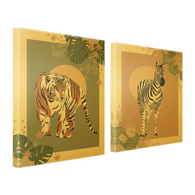 Canvas schilderijen - 2-delig  Safari Animals - Sun Behind Zebra And Tiger