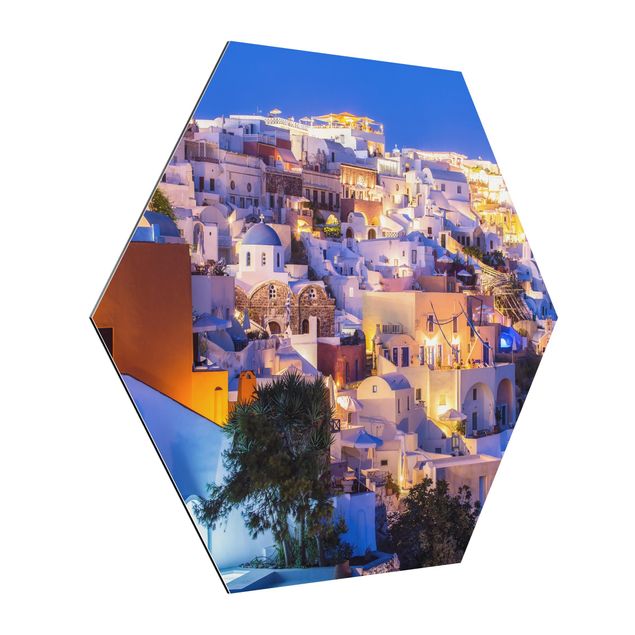 Hexagons Aluminium Dibond schilderijen Santorini At Night