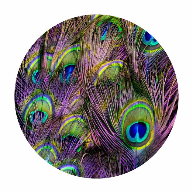 Rond vinyl tapijt Iridescent Paecock Feathers