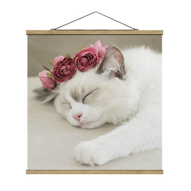 Stoffen schilderij met posterlijst Sleeping Cat with Roses