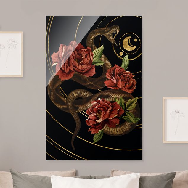 Glasschilderijen Snake With Roses Black And Gold II