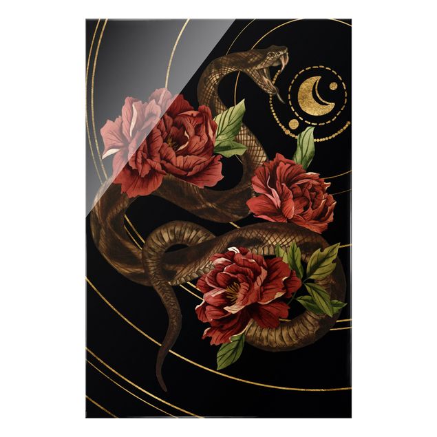 Glasschilderijen Snake With Roses Black And Gold II