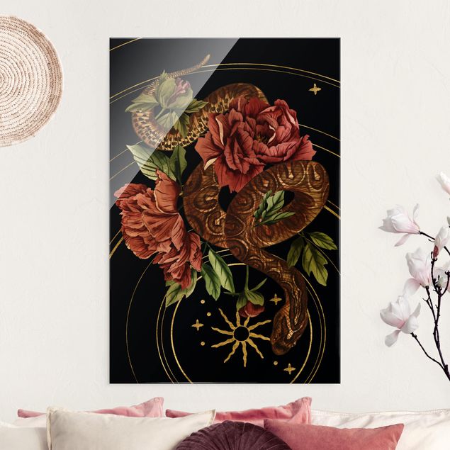 Glas Magnettafel Snake With Roses Black And Gold III