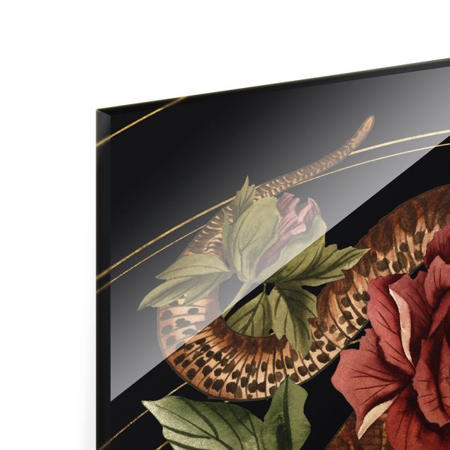 Glasschilderijen Snake With Roses Black And Gold III