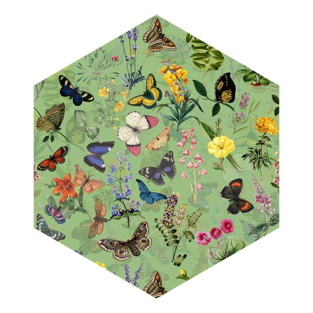 Hexagon Behang Butterflies With Flowers On Green