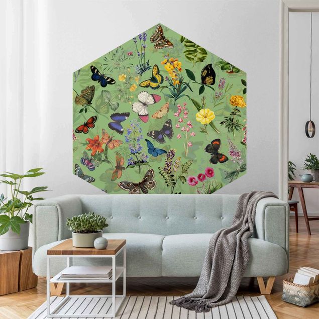 Hexagon Behang Butterflies With Flowers On Green