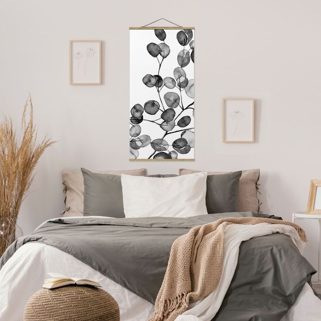 Stoffen schilderij met posterlijst Black And White Eucalyptus Twig Watercolour