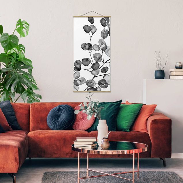 Stoffen schilderij met posterlijst Black And White Eucalyptus Twig Watercolour