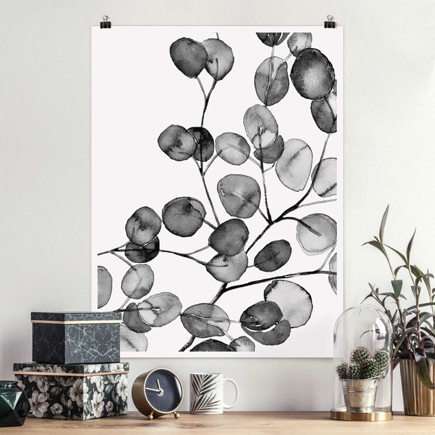 Posters Black And White Eucalyptus Twig Watercolour