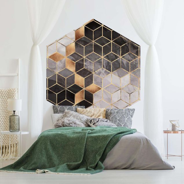 Hexagon Behang Black And White Golden Geometry