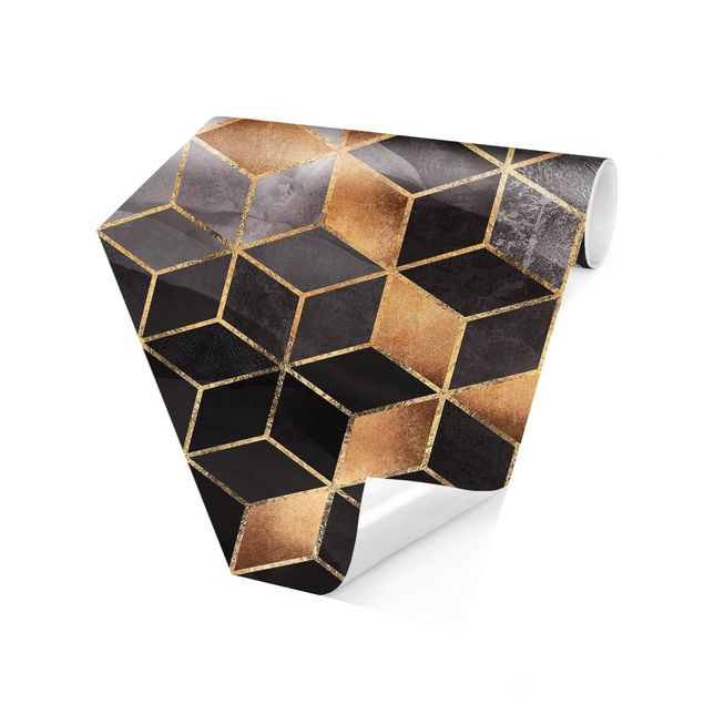 Hexagon Behang Black And White Golden Geometry