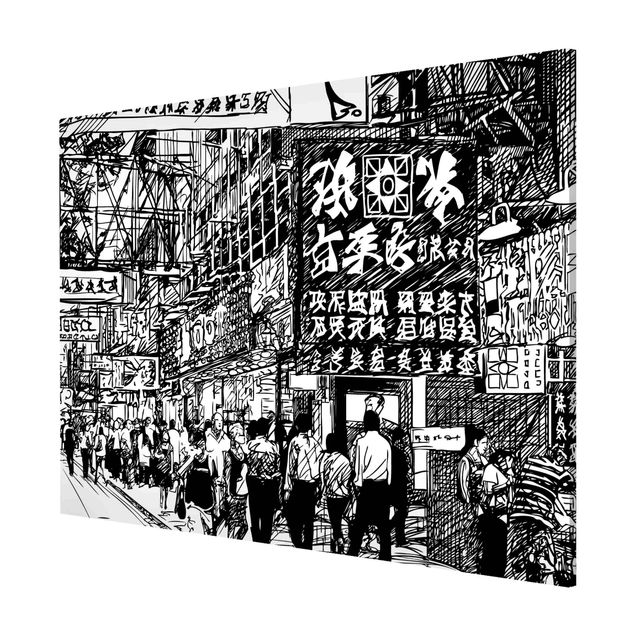 Magneetborden - Black And White Drawing Asian Street II