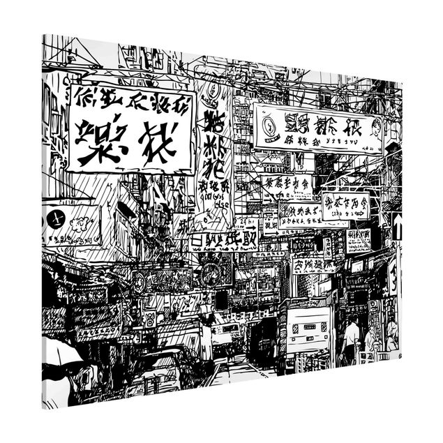 Magneetborden - Black And White Drawing Asian Street