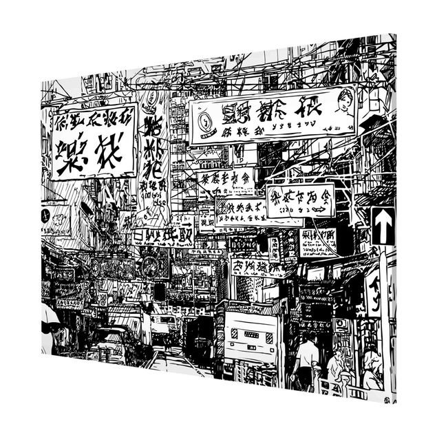 Magneetborden - Black And White Drawing Asian Street