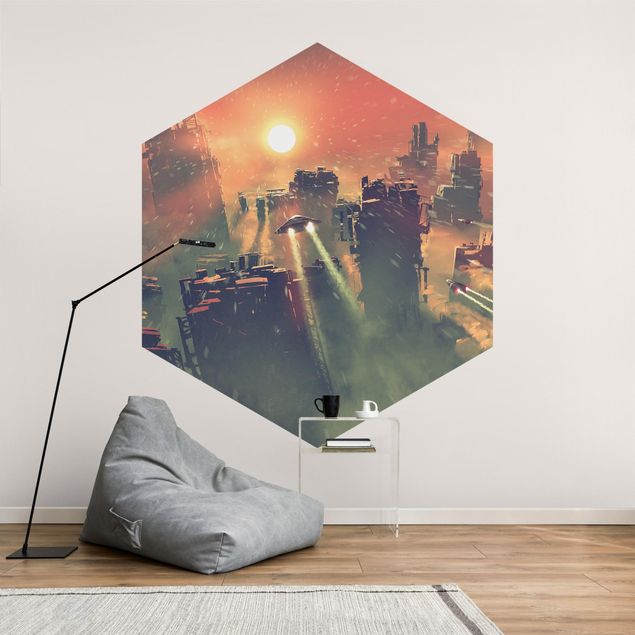 Hexagon Mustertapete selbstklebend - Sci-Fi Raumschiffe im Sonnenaufgang
