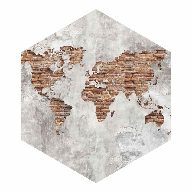 Hexagon Behang Shabby Concrete Brick World Map