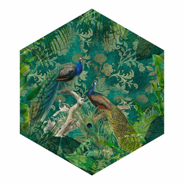 Hexagon Behang Shabby Chic Collage - Noble Peacock II