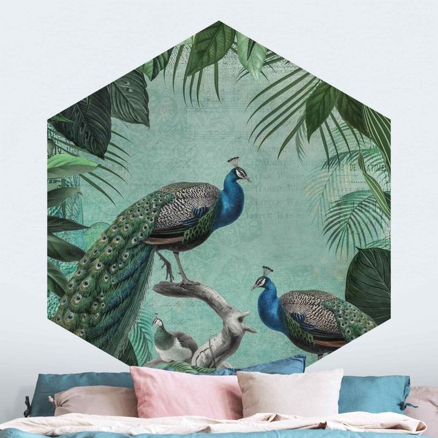 Hexagon Behang Shabby Chic Collage - Noble Peacock