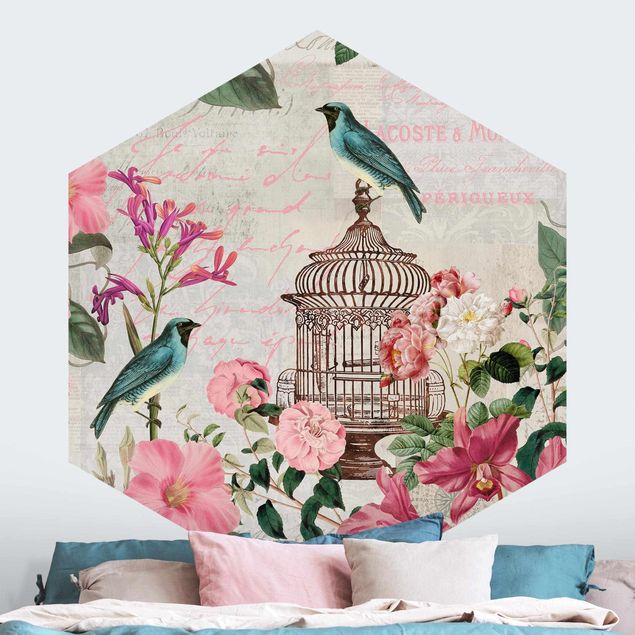 Hexagon Behang Shabby Chic Collage - Pink Flowers And Blue Birds