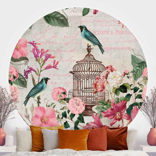 Behangcirkel Shabby Chic Collage - Pink Flowers And Blue Birds