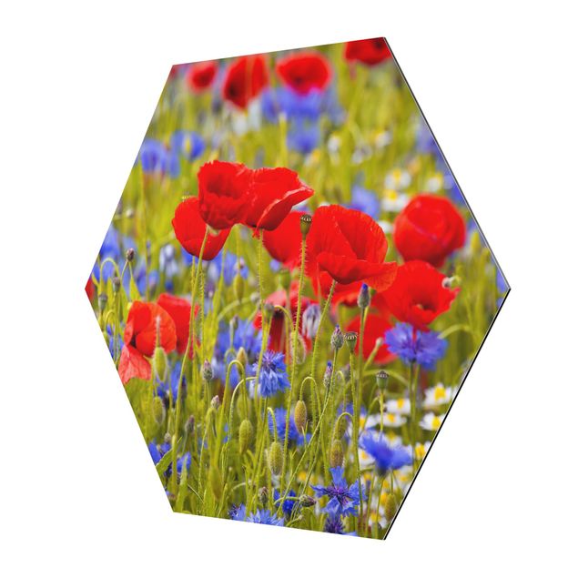 Hexagons Aluminium Dibond schilderijen - Summer Meadow With Poppies And Cornflowers