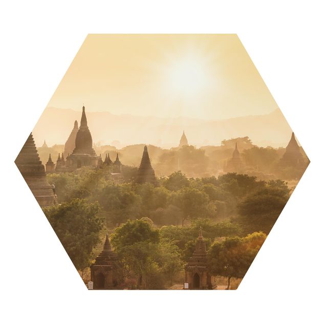 Hexagons Aluminium Dibond schilderijen Sun Setting Over Bagan